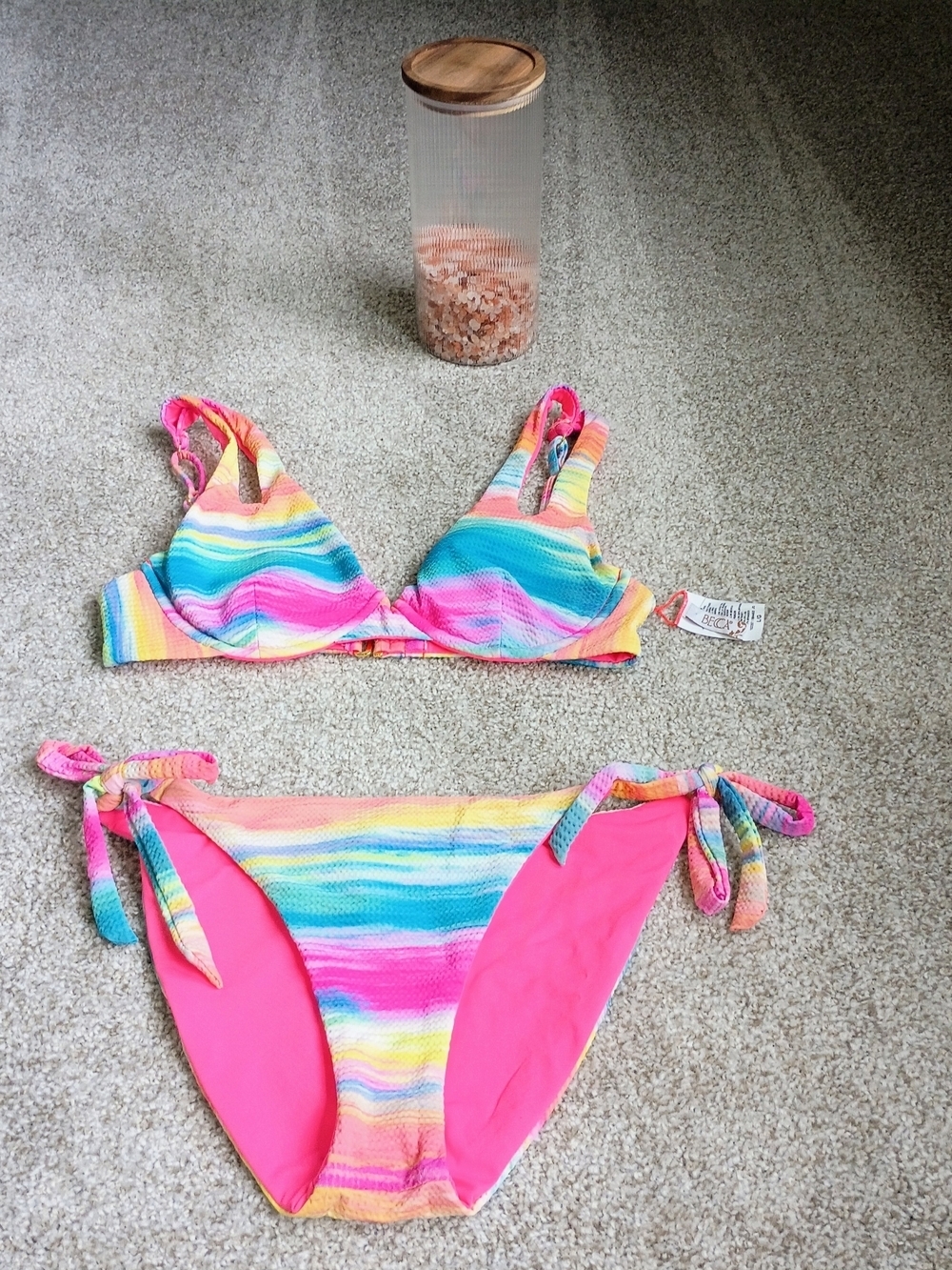 NWOT Becca Women's Colorful Rainbow Striped Bikini Set - Pink Accents Size large